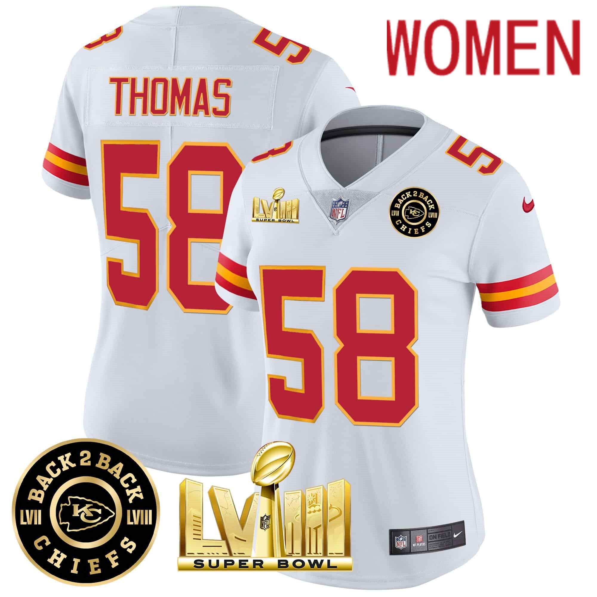 Women Kansas City Chiefs 58 Thomas White 2024 Nike Super Bowl LVIII & Back 2 Back Patch Vapor NFL Jersey